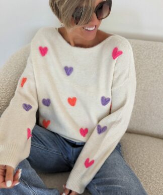 Strickpullover mit Rundhals FLOCKED HEART – creme