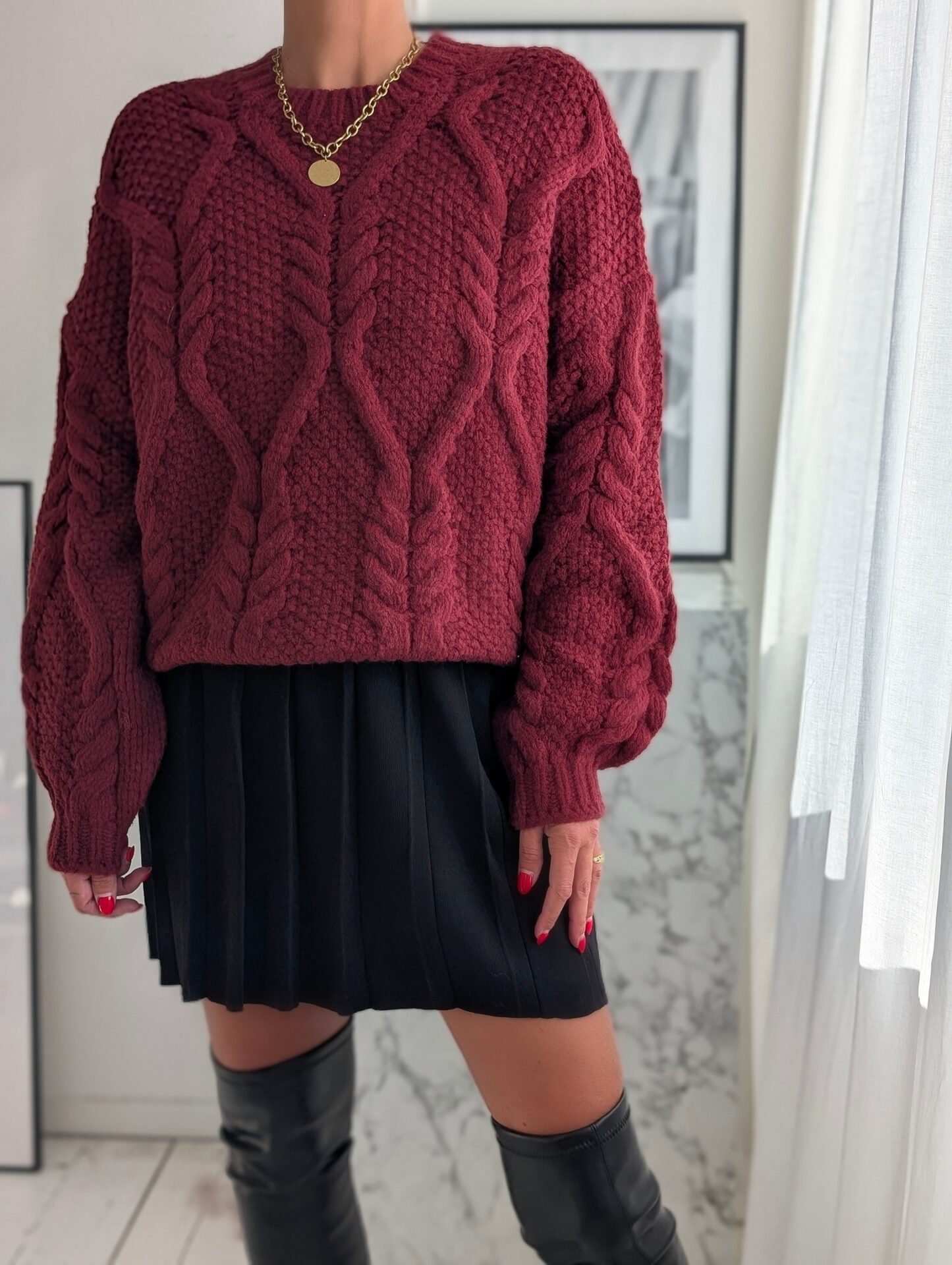 Strickpullover BIG BRAID – bordeaux